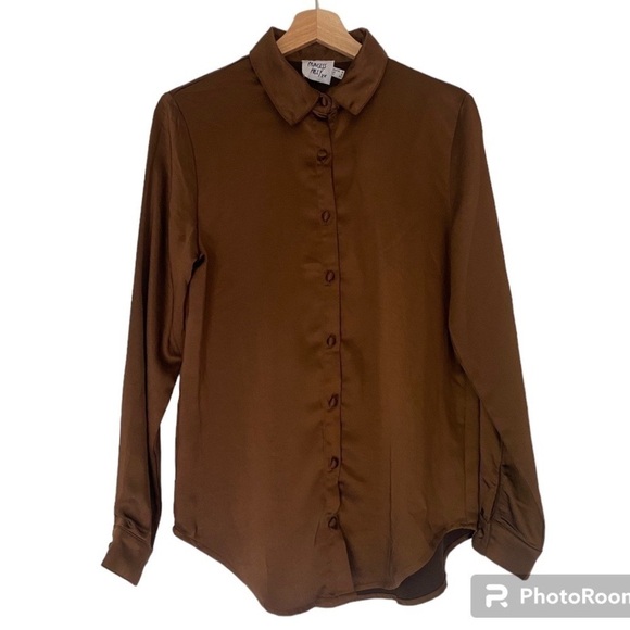 PRINCESS POLLY SHINY BROWN BUTTON DOWN BLOUSE SIZE 4 - Picture 1 of 4
